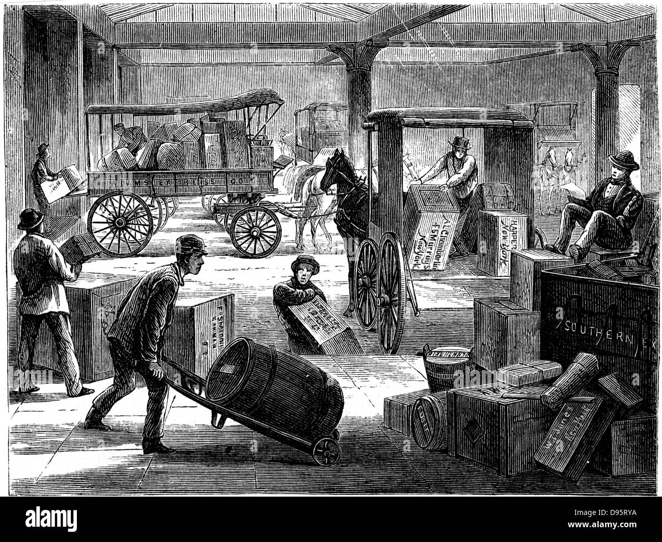 Chargement des cars à l'Office général de la Wells Fargo, New York. À partir de 'Harper's New Monthly Magazine' New York 1875. La gravure sur bois. Banque D'Images