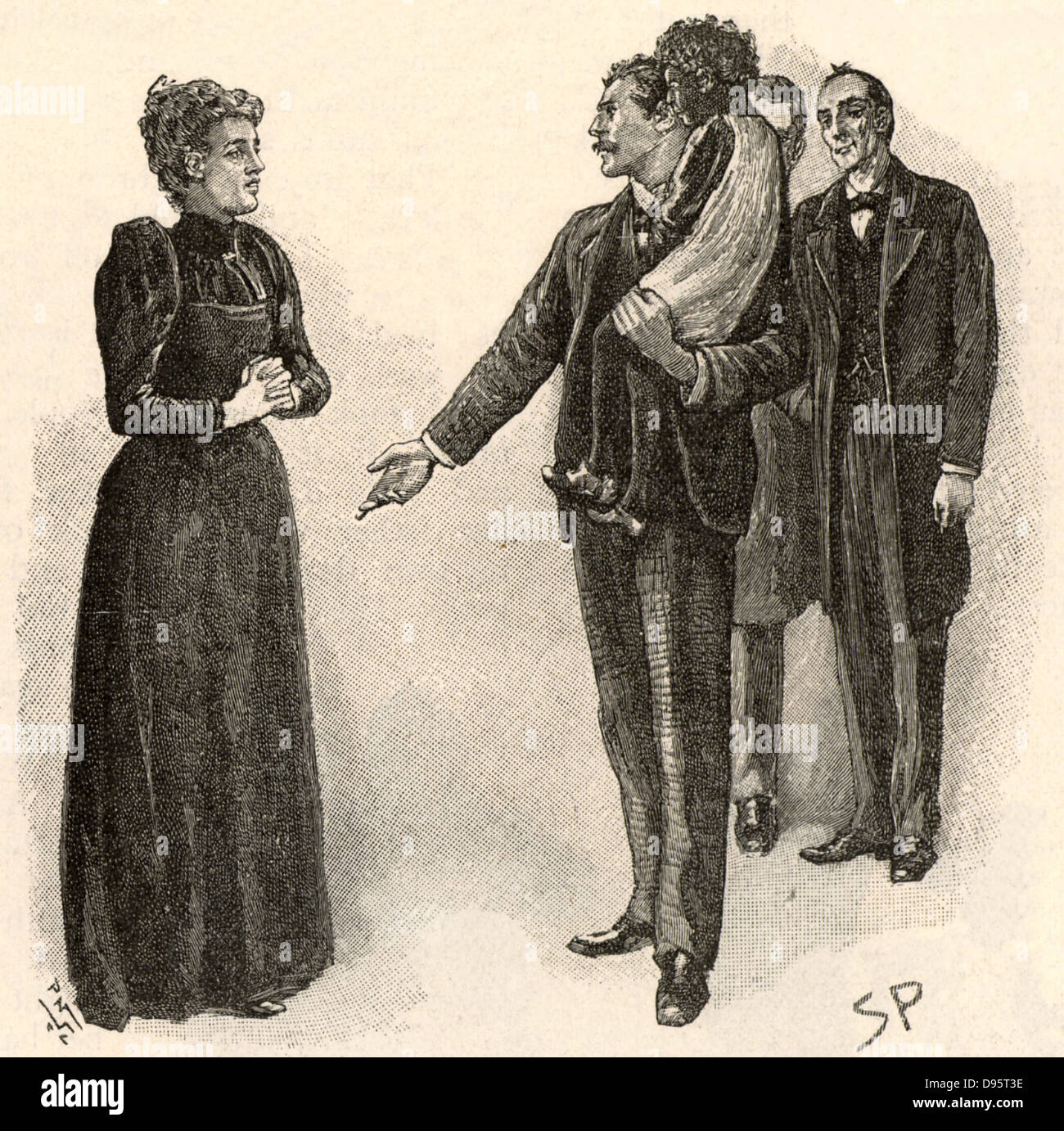 L'aventure de la face jaune'. Holmes, droite, regarde Jack Grant Munro accepte l'enfant couleur de sa femme le premier mariage en tant que son propre. À partir de 'Les aventures de Sherlock Holmes' par Conan Doyle à partir de 'Le Strand Magazine' (Londres, 1893). Illustration par Sidney Paget E, le premier artiste à dessiner Sherlock Holmes. La gravure. Banque D'Images