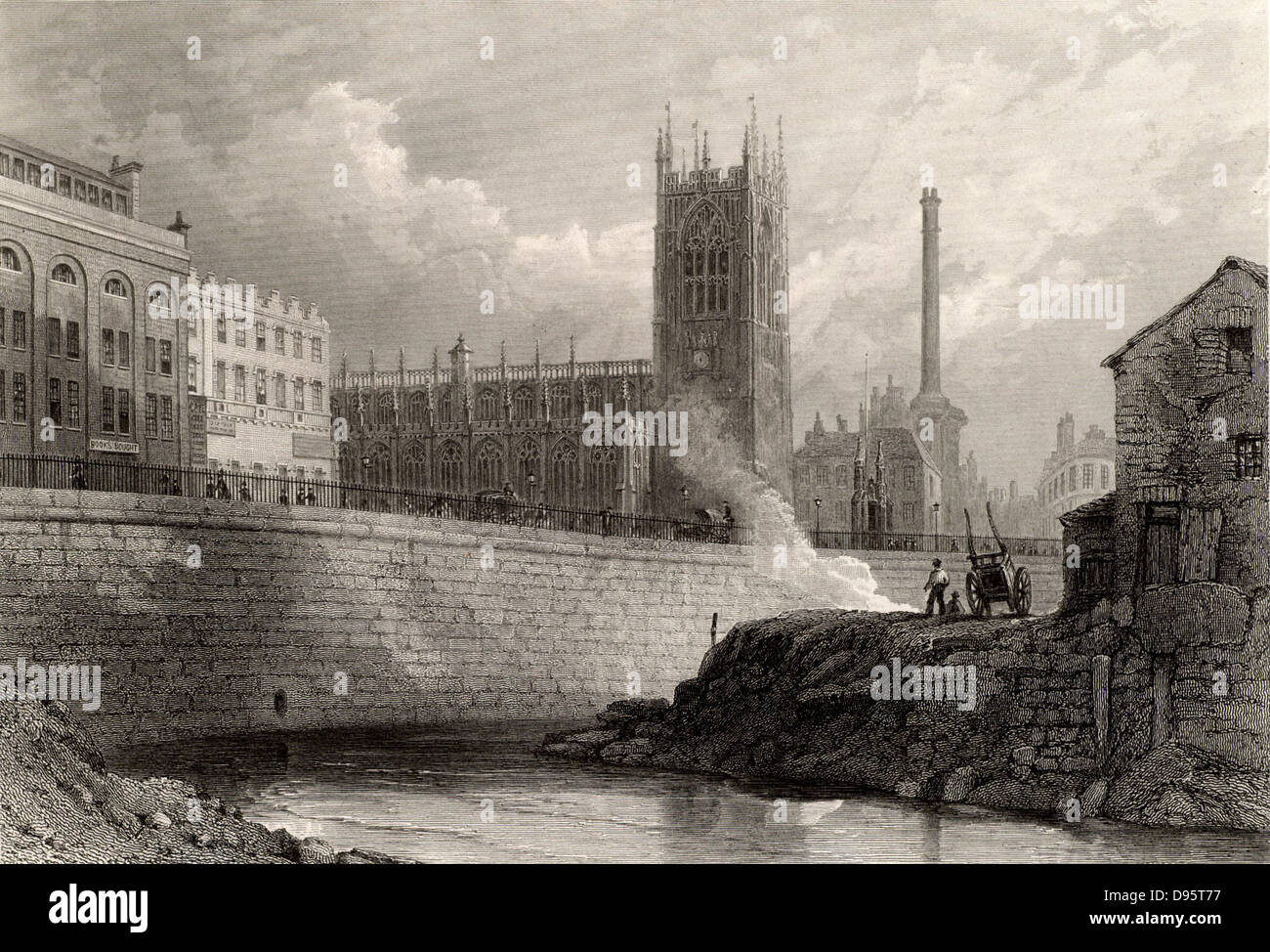 Manchester, Angleterre, à partir de la rivière Irwell, montrant les nouveaux bâtiments, dont une imposante cheminée d'usine, d'une ville prospère, contrastant avec la petite, vieille, effondrement des bâtiments industriels sur la droite. Manchester a été le centre de l'industrie du coton britannique et est l'une des premières villes d'Angleterre à être industrialisée. La gravure, milieu du xixe siècle. Banque D'Images
