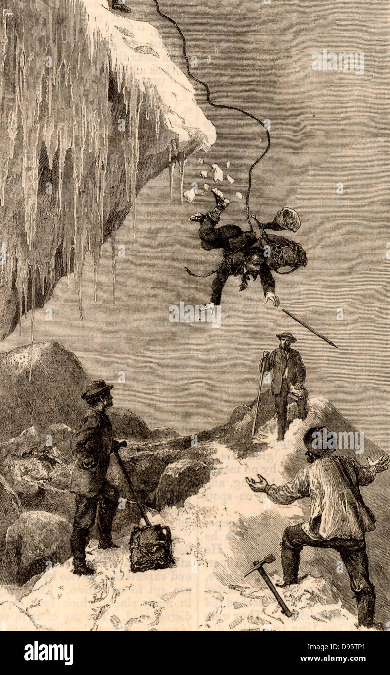 Grimpeur intrépide sautant au dessus d'une fissure dans un mur de glace. Gravure de 'Scrambles parmi les Alpes' par Edmund Whymper (Londres, 1872). Banque D'Images