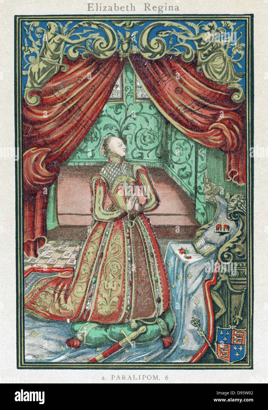 Elizabeth I (Queen) Maalouf de l'Angleterre et l'Irlande à partir de 1558. Elizabeth à la prière. Frontispice à 'prières chrétiennes' 1569 Banque D'Images