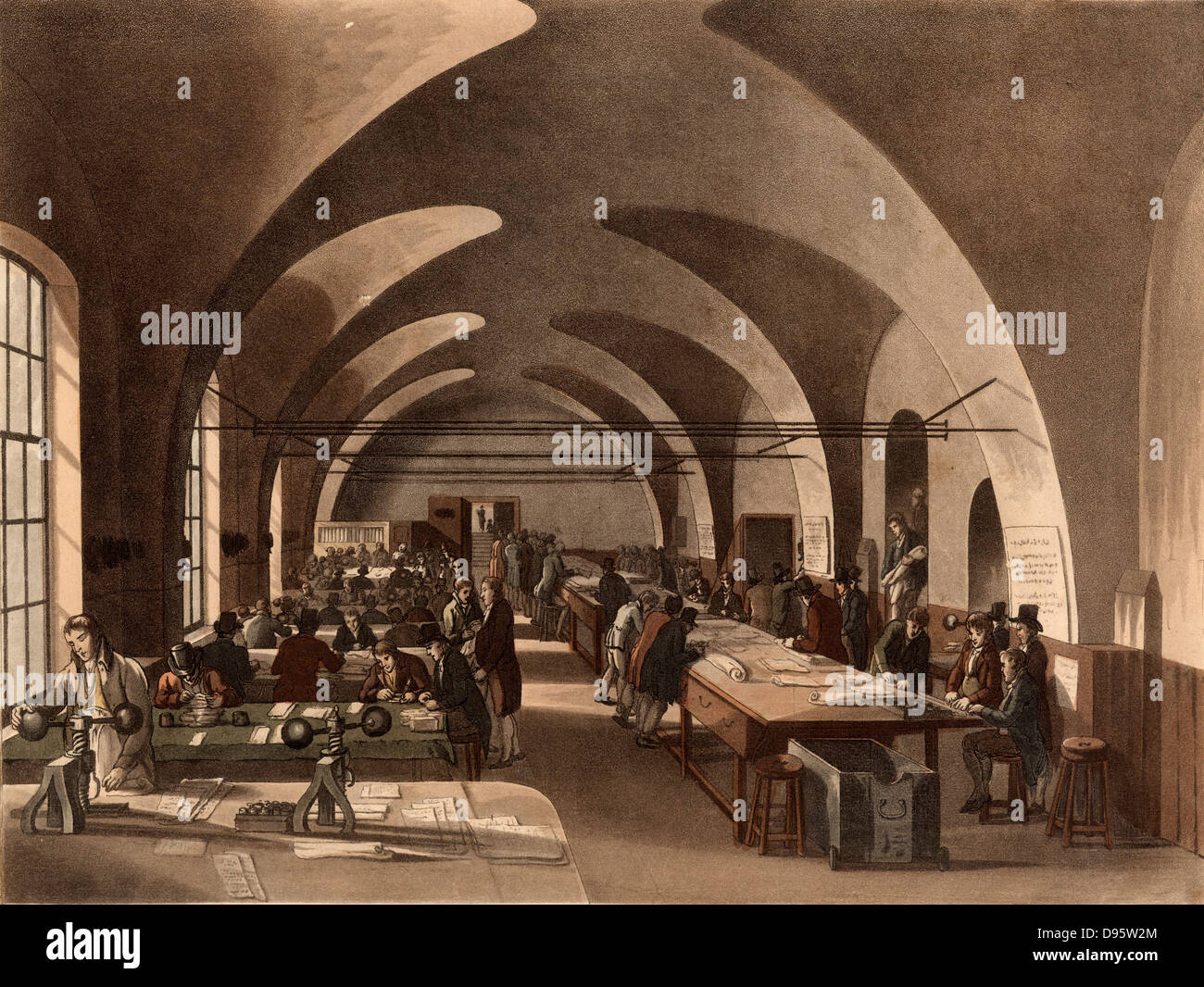 L'Office, Somerset House, Londres. L'impôt est payé sur les documents juridiques qui sont ensuite approuvés ou 'stamped' en utilisant les vis de fer stamping presses dans le premier plan à gauche. Illustration par Thomas ROWLANDSON et Augustus Charles Pugin pour "Le microcosme de Londres' par William Henry Pyne et William Combe (Londres, 1808-1811). L'aquatinte. Banque D'Images L'Office, Somerset House, Londres. L'impôt est payé sur les documents juridiques qui sont ensuite approuvés ou 'stamped' en utilisant les vis de fer stamping presses dans le premier plan à gauche. Illustration par Thomas ROWLANDSON et Augustus Charles Pugin pour "Le microcosme de Londres' par William Henry Pyne et William Combe (Londres, 1808-1811). L'aquatinte. Banque D'Images