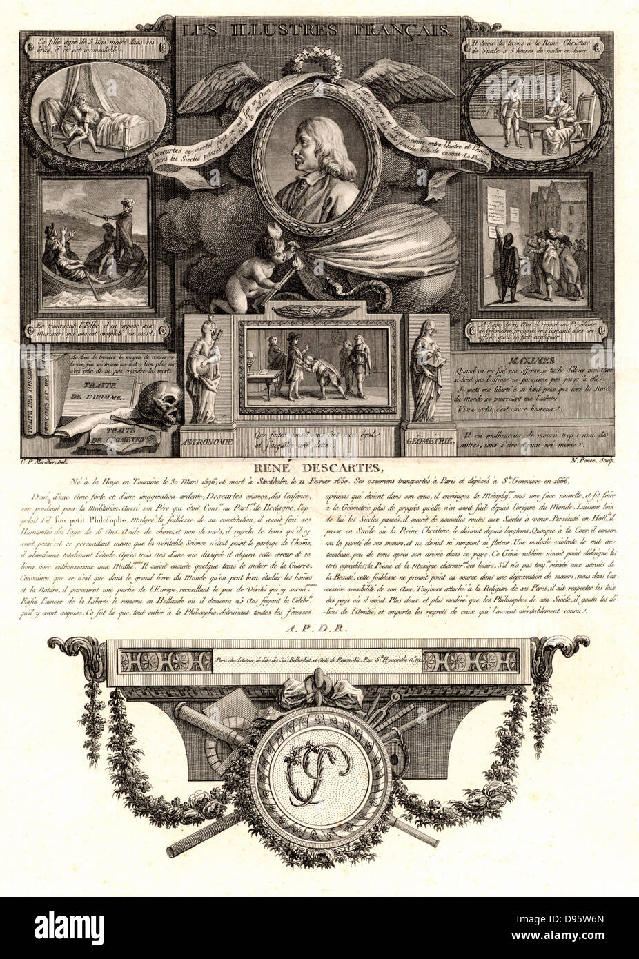 René Descartes (1596-1650) philosophe et mathématicien français, montrant quelques-uns des principaux événements de sa vie, y compris la mort de sa fille illégitime, Francine, à l'âge de 5 (1640), et en tant qu'enseignant à la reine Christine de Suède (1649-1650). Gravure par Nicolas Ponce 1746-1831) de 'Les Illustres Francais'. Banque D'Images