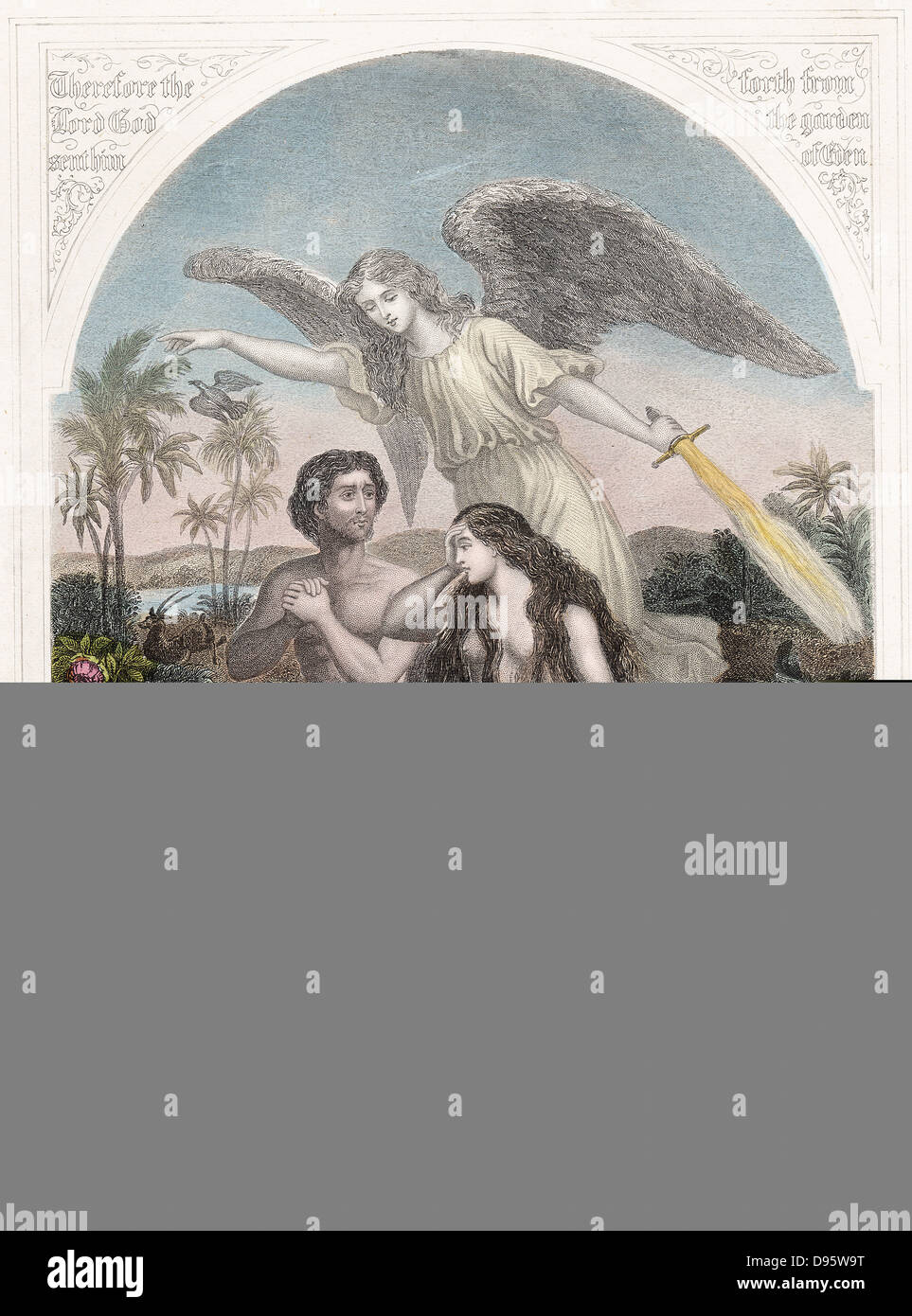 Ange avec épée flamboyante supervise l'expulsion d'Adam et Eve, porter des tabliers de feuilles de figuier du jardin d'Eden. "Bible" en Genèse 3. La gravure à la main, c1860. Banque D'Images