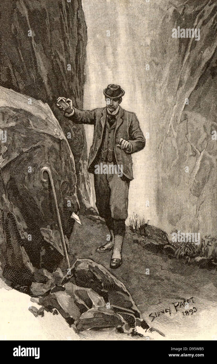 L'aventure de la Problème Final'. Watson, revenant sur les chutes de Reichenbach, trouve l'Alpen-stock appartenant à Sherlock Holmes, ainsi que sa note d'adieu. Illustration par Sidney Paget E (1860-1908) pour "Les aventures de Sherlock Holmes par Arthur Conan Doyle dans 'Le Strand Magazine' (Londres, 1893). La maladie de Paget a été le premier artiste à dessiner Holmes. Banque D'Images