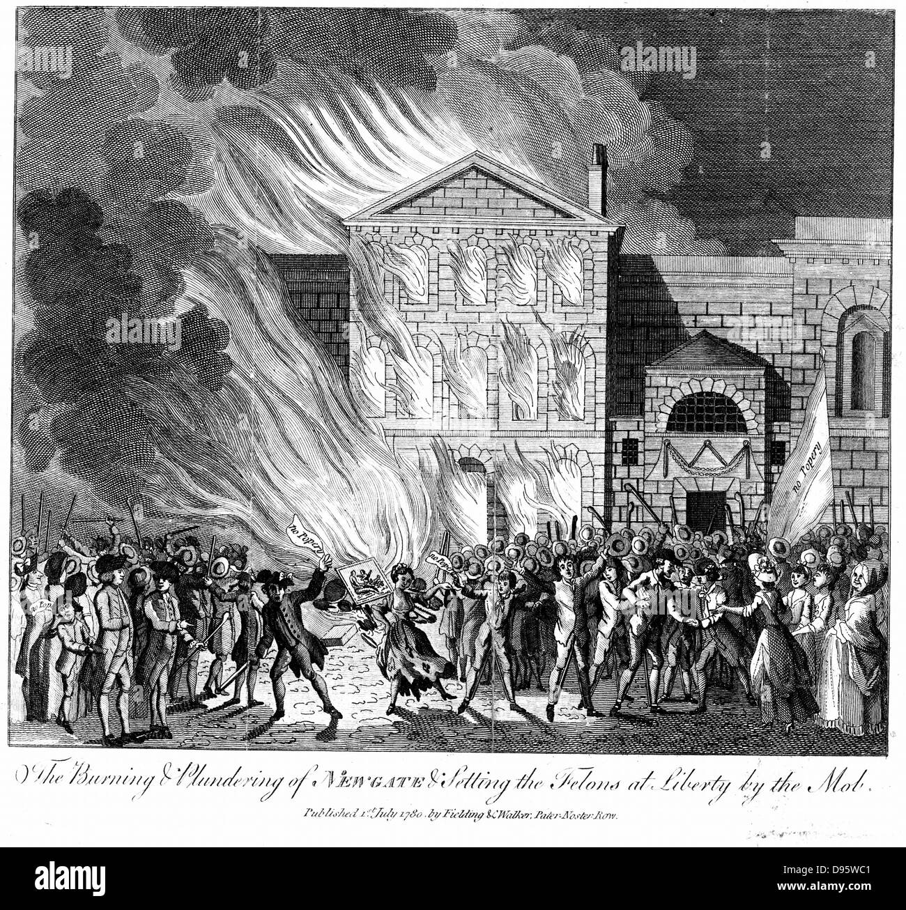 Des émeutes anti-catholiques Gordon, Londres. Mob mettant le feu à la prison de Newgate et de libérer les prisonniers, 6-7 juin 1780. La gravure sur cuivre publié le 1er juillet 1780. Banque D'Images