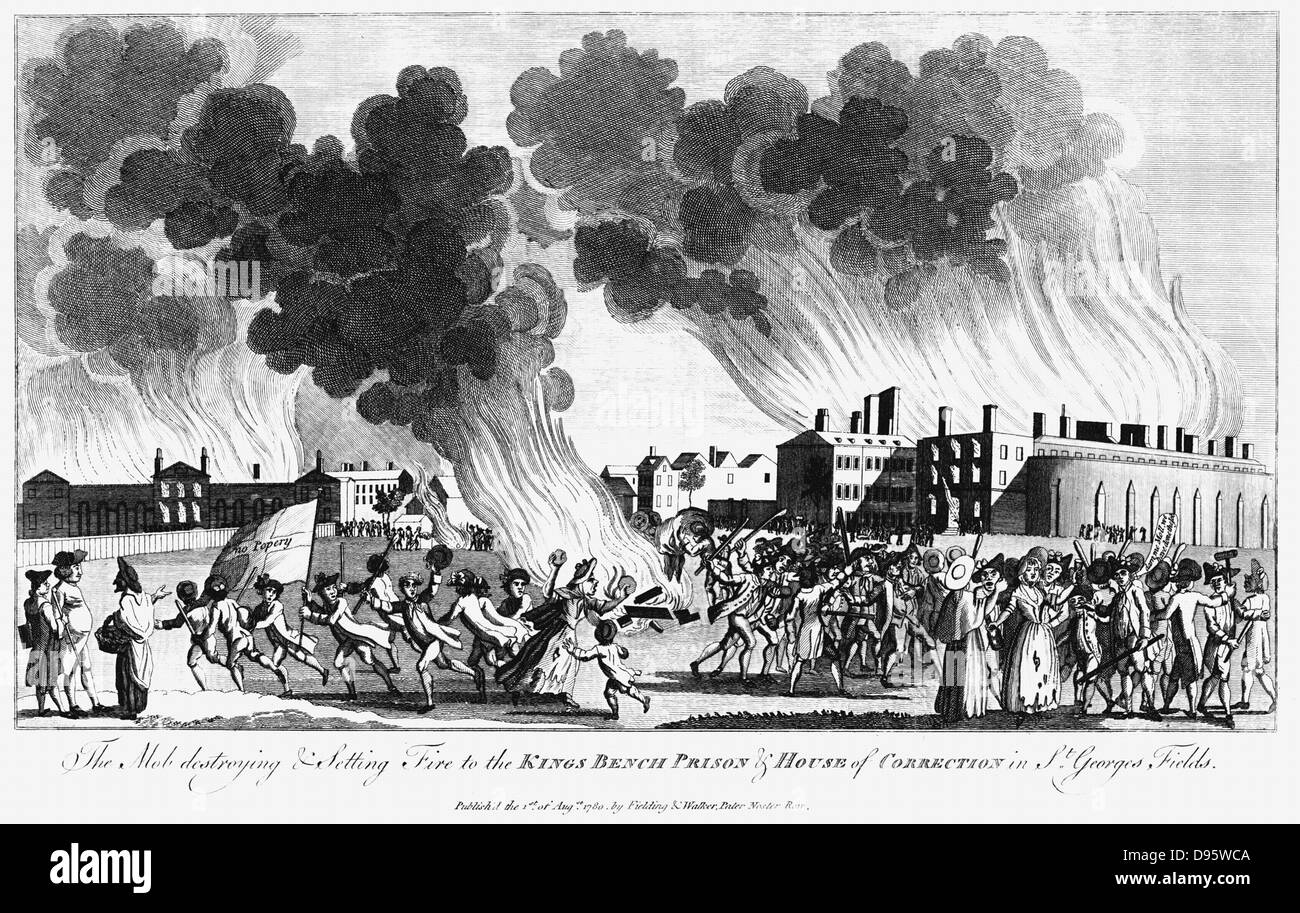 Des émeutes anti-catholiques Gordon, Londres. Mob mettant le feu à la prison de banc Kings 7 juin 1780. La gravure sur cuivre publié le 1er août 1780. Banque D'Images