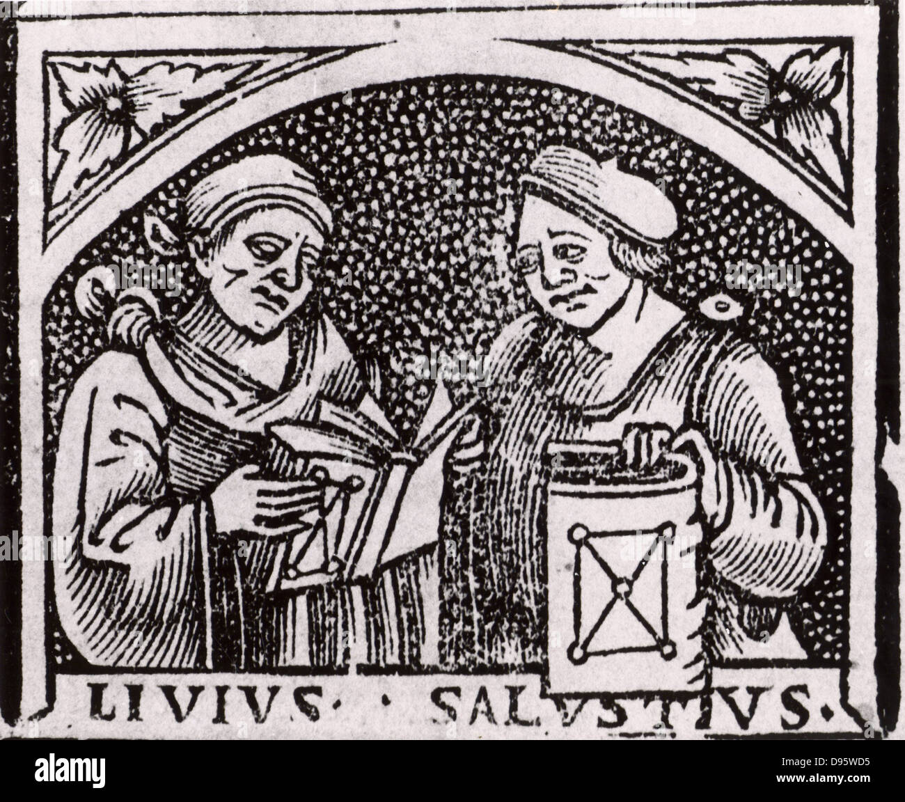 Salluste (Gaius Crispus) Sallustrius (16-34 av. J.-C.) droit, historien et homme politique romain, et Tite-live (Titus Livius) (59 BC-19 AD) historien romain. Gravure sur bois à partir de la page de titre d'Appolonius de Perge 'Opera' (Venise, 1537). Banque D'Images