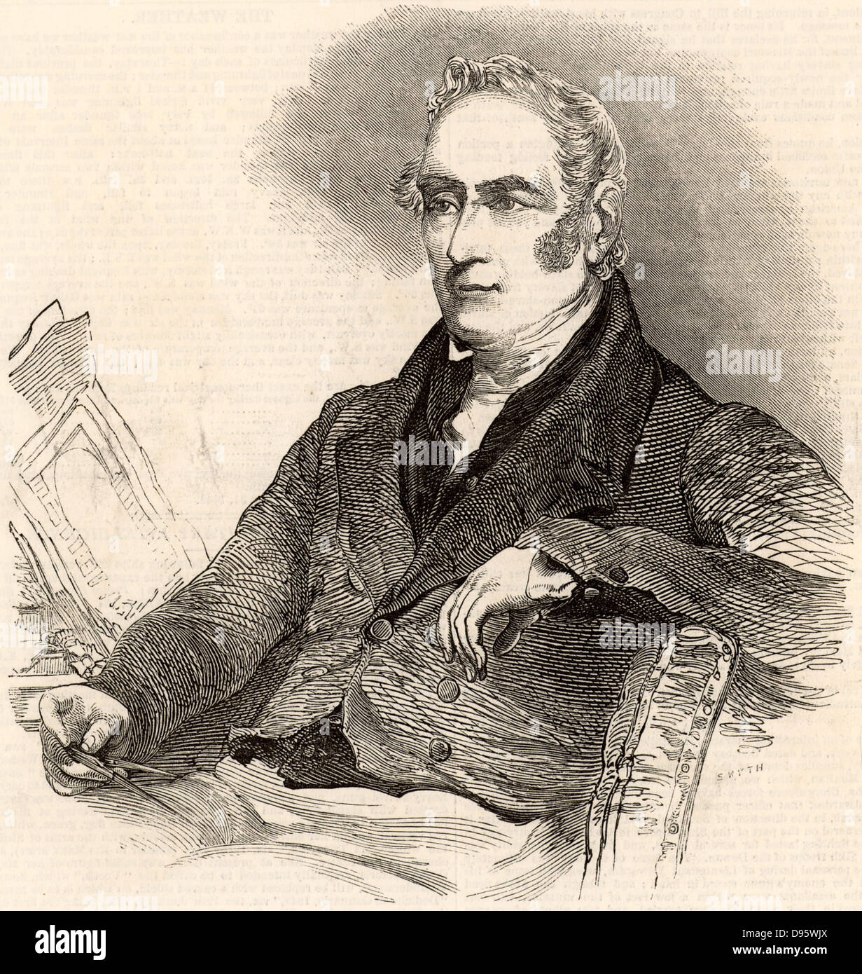 George Stephenson (1781-1848) English ingénieur en mécanique et pionnier des chemins de fer. Ingénieur de l'Stockton et Darlington Railway (1825), a fait une enquête pour le Liverpool et Manchester Railway (1824) et a été nommé ingénieur pour la ligne, 1826. En 1829 il a gagné le procès avec sa locomotive Freckeisen 'Rocket' qui a une chaudière tubulaire. Gravure tirée de 'l'Illustrated London News' (Londres, 2 septembre 1848) Banque D'Images