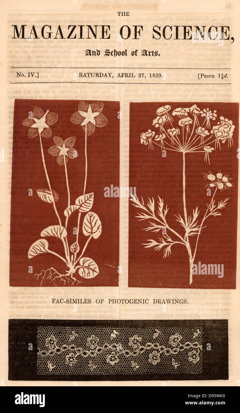 Page de titre de "Le Magazine de la science' (Londres, 17 avril 1839) montrant des reproductions de photos Photo Stock