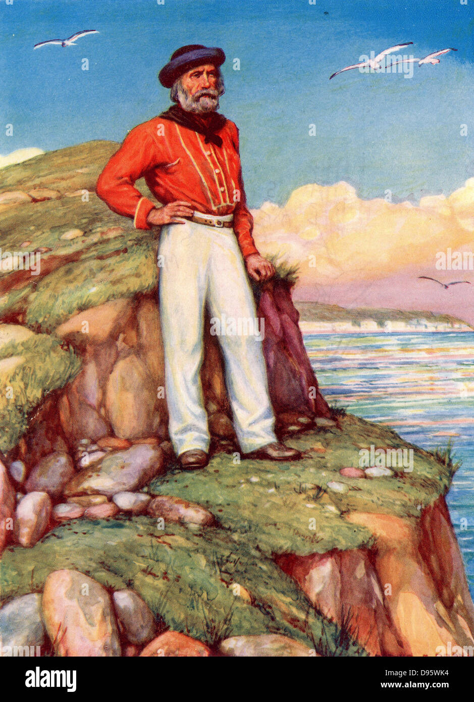 Giuseppe Garibaldi (1807-1882) patriote italien. En 1860, à la tête de son  l,000 chemises rouges, il a conquis la Sicile et Naples. Garibaldi, à sa  signature de chemise rouge, regardant vers son