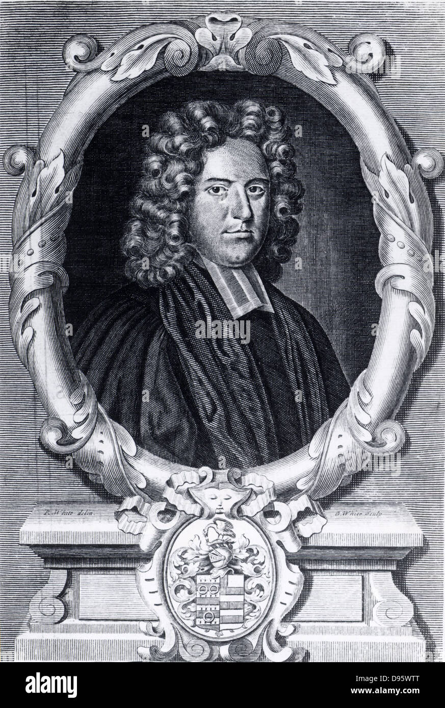 John Harris (1667-1719), mathématicien anglais, à l'âge de 40 ans. Harrison a été secrétaire de la Royal Society (1709-1710). Gravure tirée de la page frontispice de la cinquième édition de son 'Lexicon Technicum" (Londres, 1736), première édition 1704. Banque D'Images