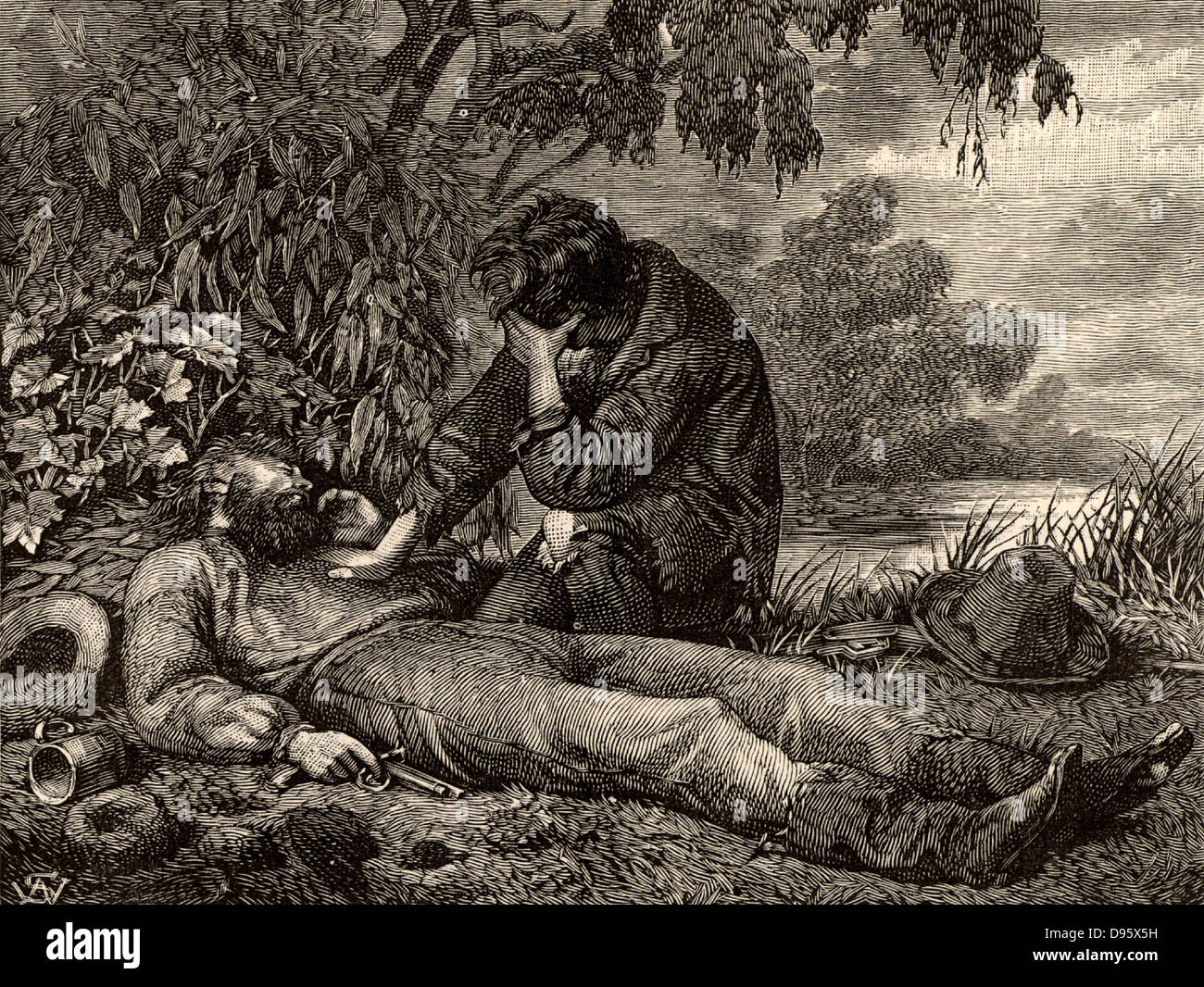 Burke et Wills expédition pour explorer l'intérieur de l'Australie (1860-1861). Mort de Robert O'Hara Burke (1820-1861) Explorateur irlandais et chef de l'expédition. John King (1838-1872) en prenant congé du corps de Burke. King a été le premier Européen à traverser l'Australie et de survivre. Burke et Wills sont morts de faim, alors que le roi a été trouvé par friendly indigènes et soignés jusqu'à ce qu'une équipe de sauvetage est arrivé. Gravure tirée de 'héros de la Grande-Bretagne et de la paix et de la guerre' par Edwin Hodder (Londres, 1880). Banque D'Images