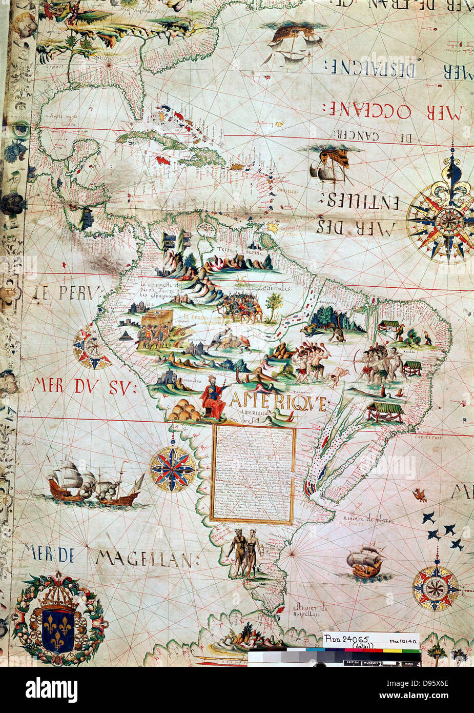 Site français de l'Amérique centrale et du Sud, montrant la Floride, Golfe du Mexique, les îles des Caraïbes et Antilles, River Plate, conquistadors au Pérou, cannibales, les mines d'or, perroquets, etc. 1550. British Museum Banque D'Images