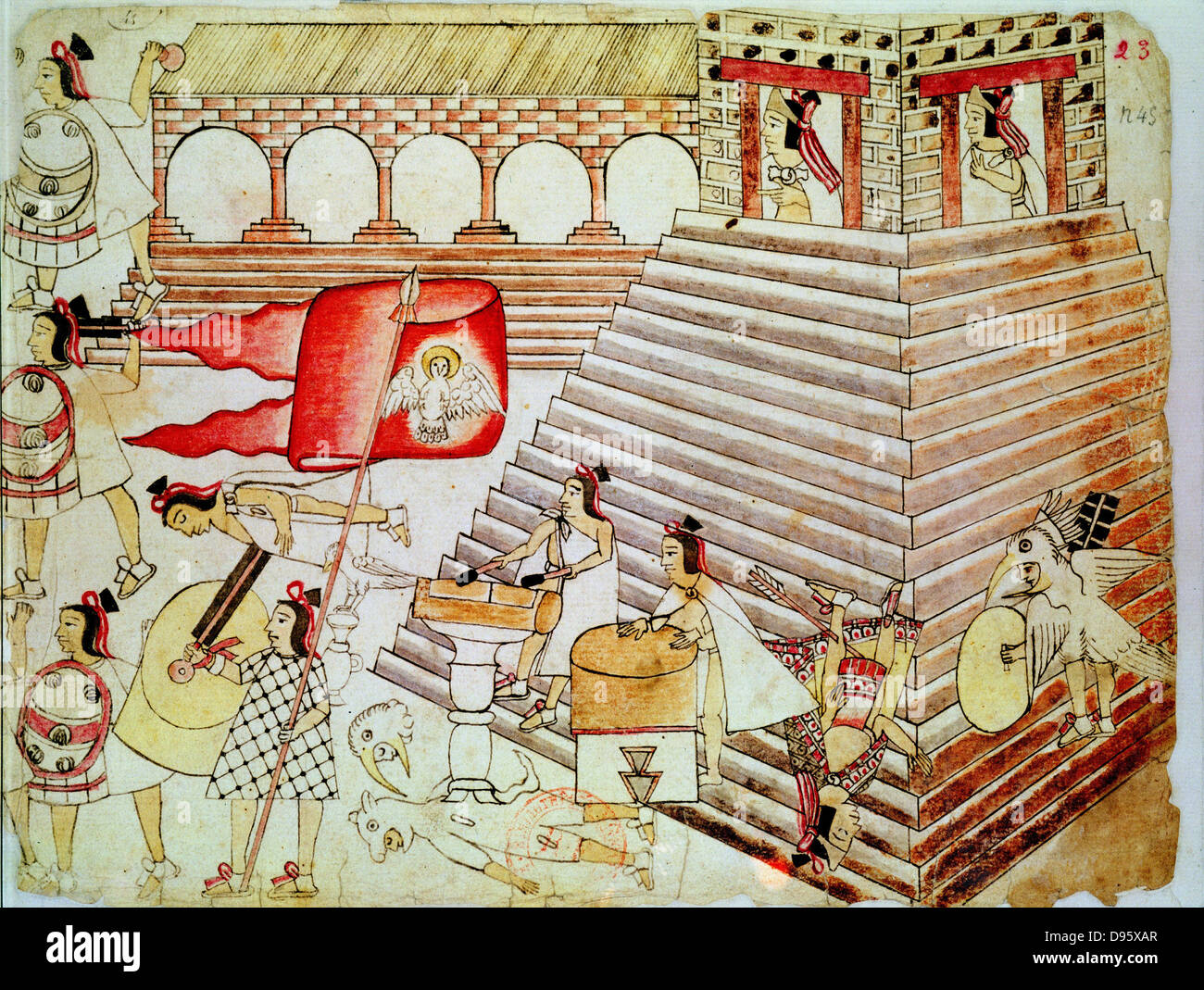 Guerriers aztèques défendre le temple de Tenochtitlan contre les conquistadors. Biblioteque Nationale, Paris. Banque D'Images