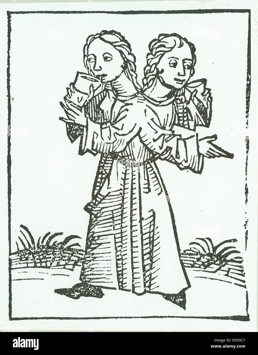 Siamois ou frères siamois. Les enfants s'est joint à l'arrière. Rapporté au 11ème siècle. À partir de 'Liber Chronicarum mundi (Chronique de Nuremberg) par Hartmann Schedel (Nuremberg, 1493). Gravure sur bois. Banque D'Images