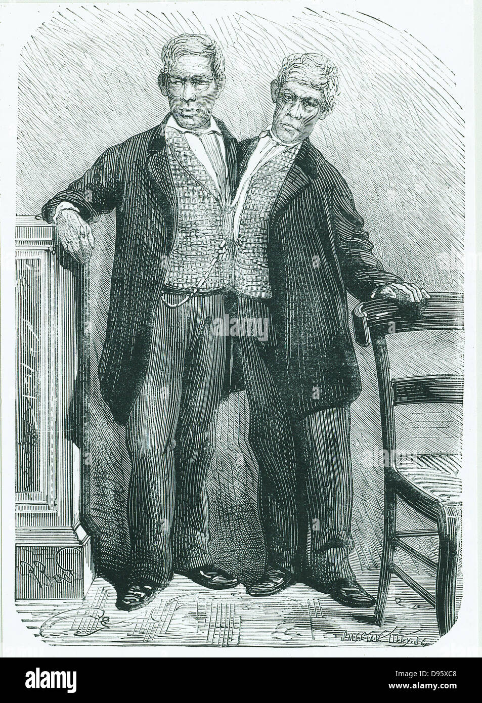 Siamois ou frères siamois. Chang et Eng, (1811-1874) Né en Thaïlande, c'est à partir de ces frères que nous tirons le terme populaire des frères siamois. Gravure tirée de 'La nature' (Paris, 14 mars 1874). Banque D'Images