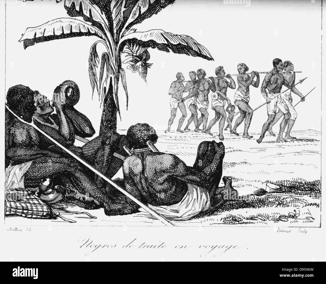 Convoi d'esclaves sur le chemin de bateau d'esclaves. L'Afrique. Au début du xixe siècle. La gravure sur cuivre. Banque D'Images