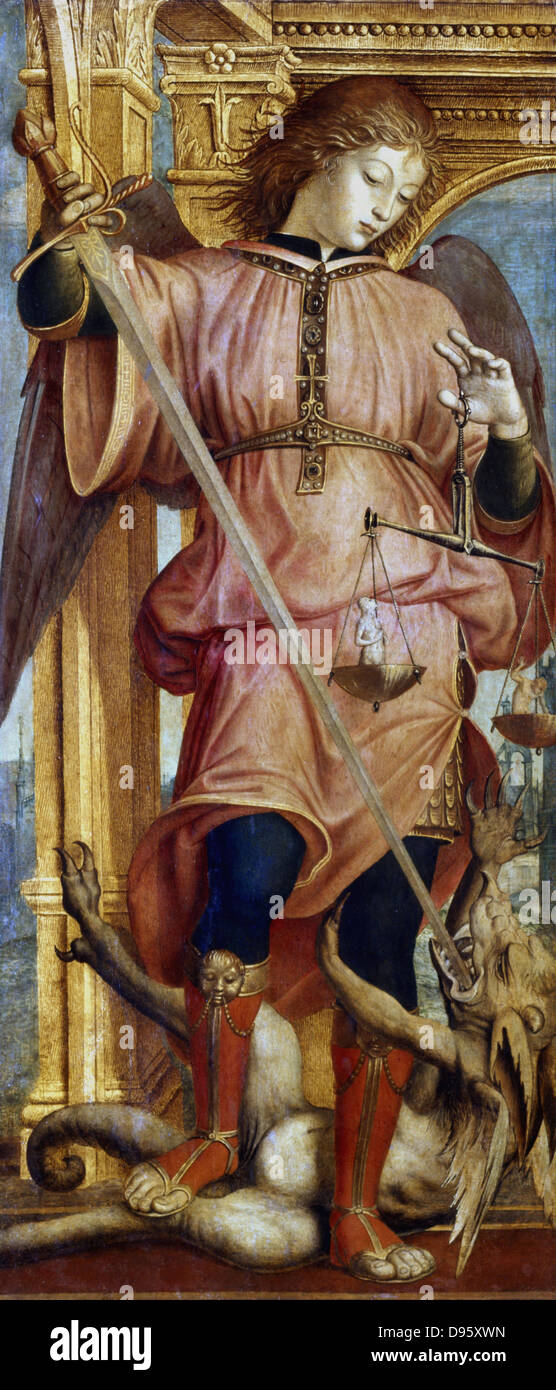 St Michel Archange combats dragon avec épée. Dans la main gauche il tient l'équilibre de peser les âmes des hommes. Bernadino Martini, connu sous le nom de bois allégorique (1436-1526) artiste italien. Banque D'Images