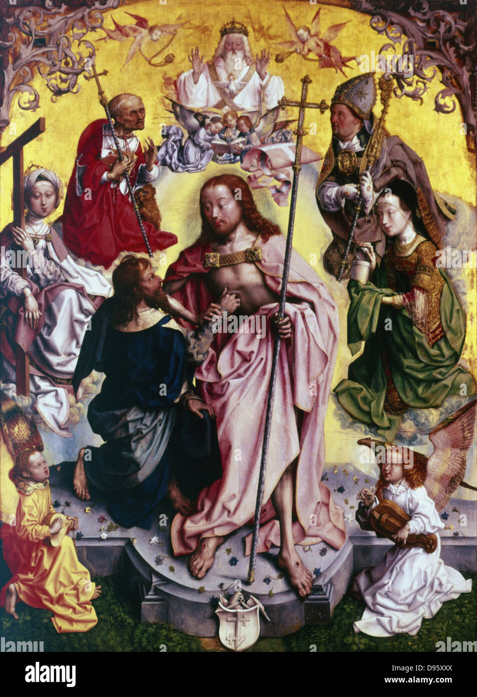 Maître du retable de St Bartholemew c.1499. Saint Thomas, l'DoubtingThomas, plaçant sa main dans la plaie du Christ. A gauche, saint Jérôme, à droite saint Ambroise et St Mary Magdalene. Dieu le Père, avec Colombe du saint-Esprit, regarde vers le bas. En bas à droite l'ange joue un vielle à roue. Musée de Wallraf-Richartz, Cologne Banque D'Images