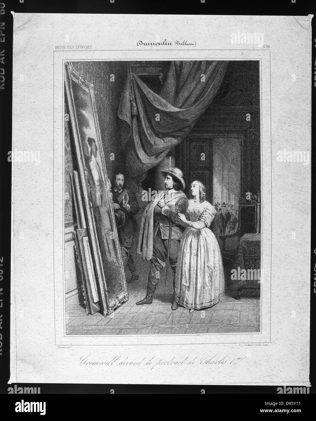 Oliver Cromwell (1599-1658), soldat et homme d'anglais avec sa femme, debout devant un portrait de Charles I. La gravure du xixe siècle. Banque D'Images