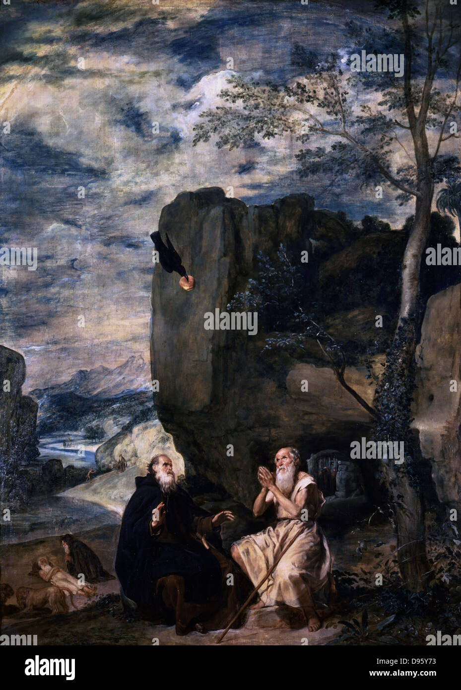 St Antoine et St Paul dans le désert d'être nourri par un corbeau. 1645. Diego Velasquez (1599-1660) l'artiste espagnol. Prado, Madrid. Banque D'Images