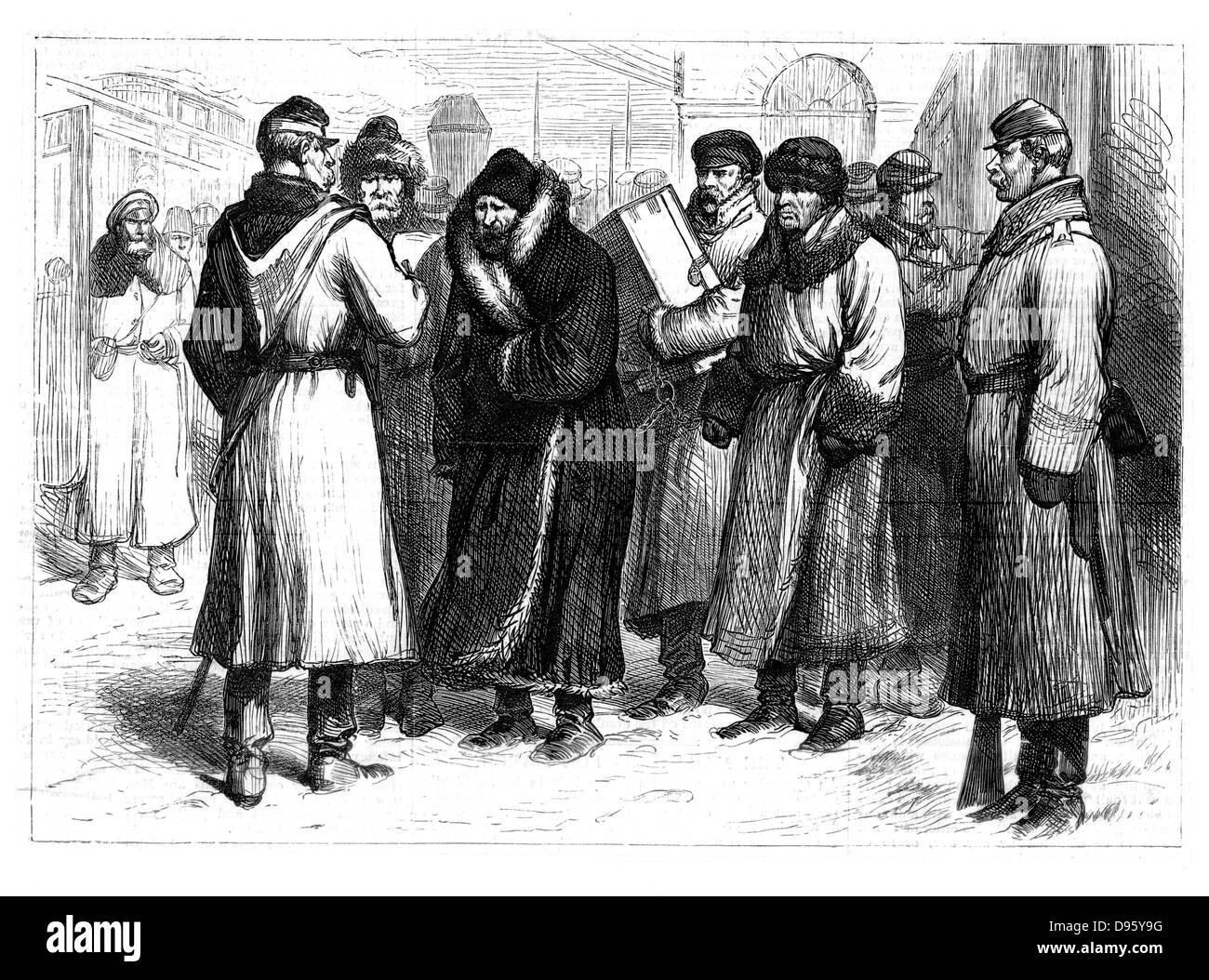 Les troubles en Russie : Prisonniers politiques sur une gare ferroviaire à propos de monter à bord d'un train d'en exil en Sibérie. Diverses tentatives ont été faites sur la vie d'Alexandre II, dont une le 2 mars 1880, jusqu'à son assassinat le 13 mars 1881. Banque D'Images