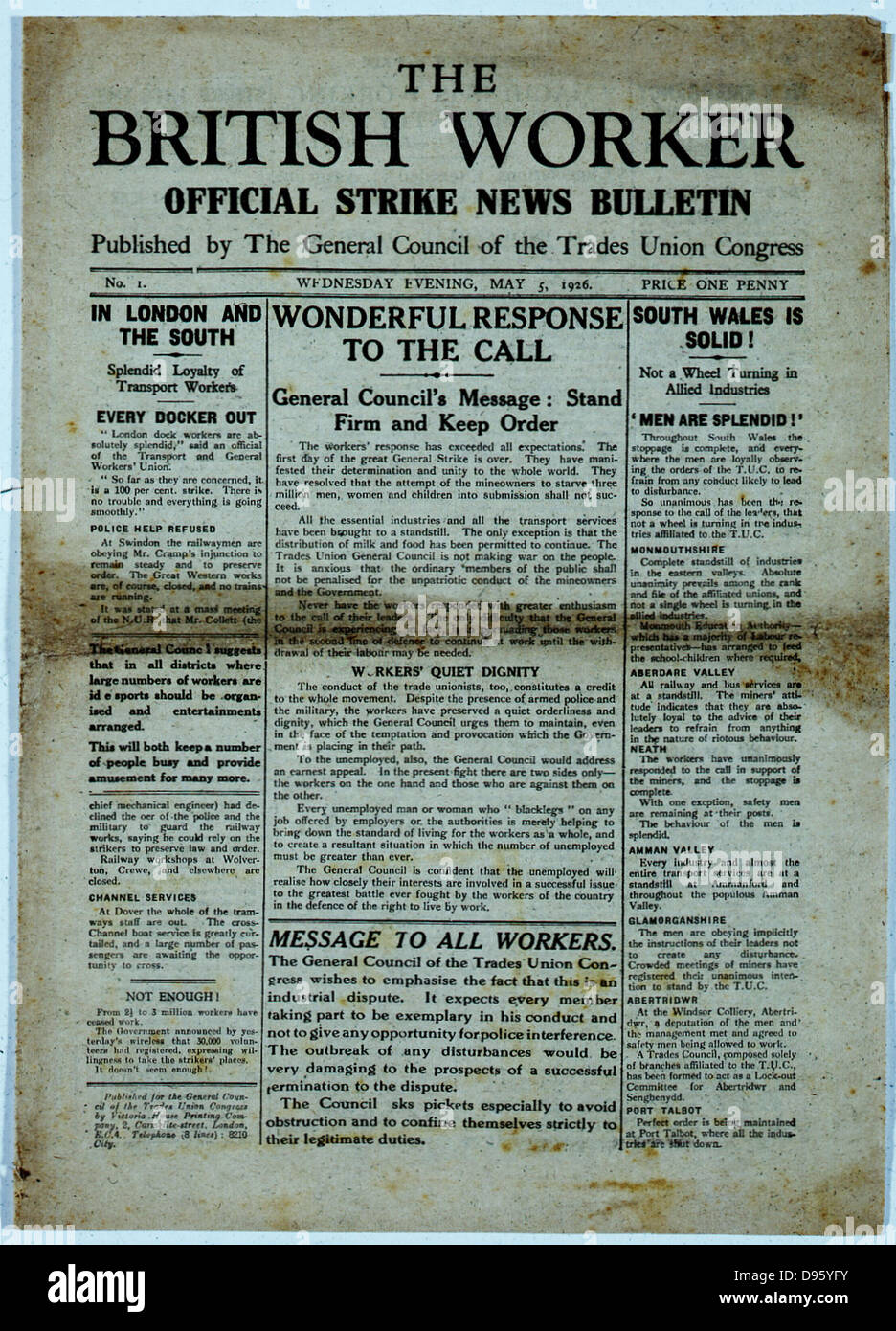 Première page du "travailleur" britannique publié par le Trades Union Congress le 5 mai 1926 pendant la grève générale. Banque D'Images