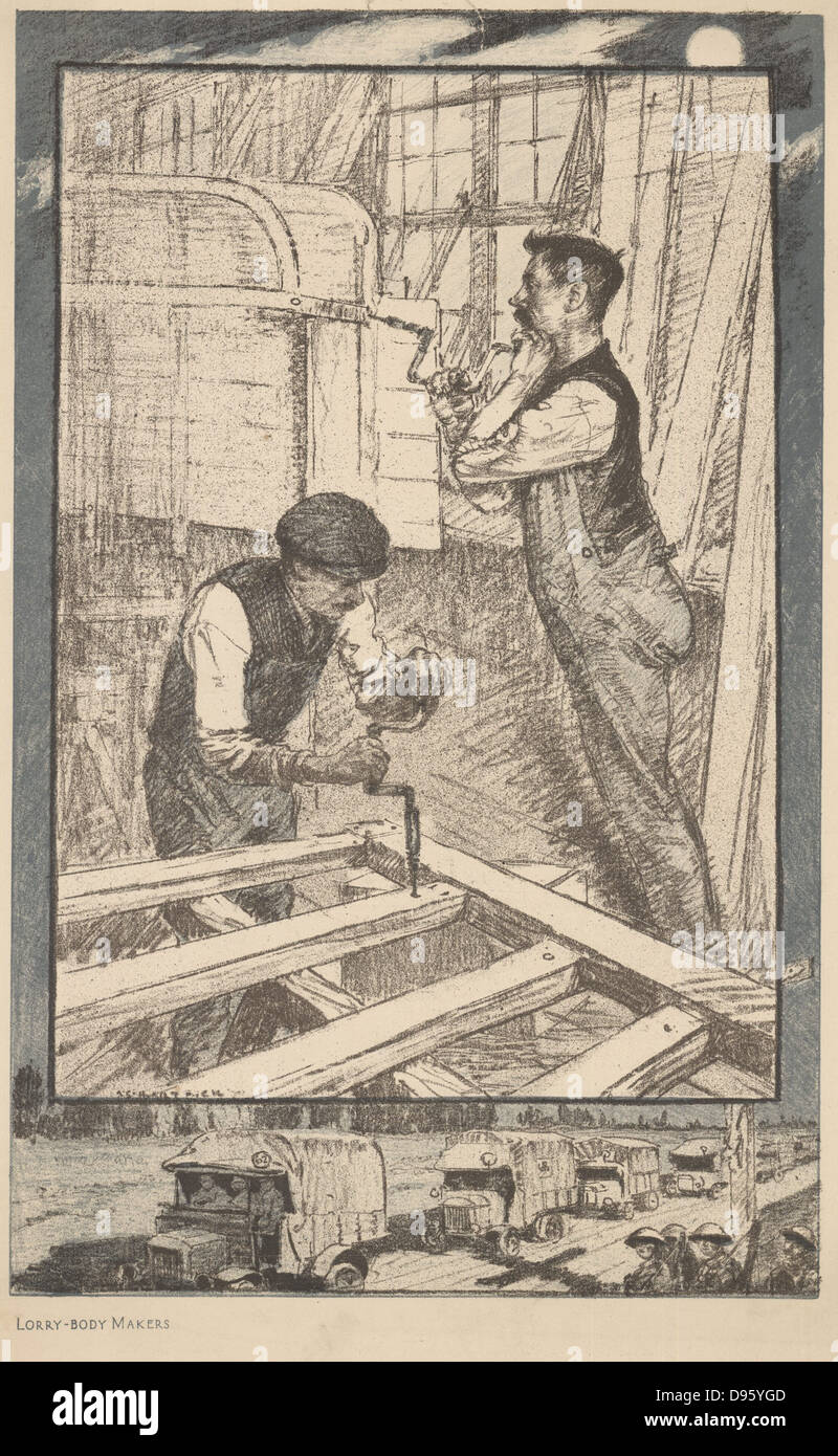 Builders Lorry-Body, la Première Guerre mondiale - 1914-1918. Les hommes sont au-dessus de l'âge pour le service militaire actif mais soutiennent leurs jeunes compatriotes. Au bas est un convoi de camions de l'armée du type les hommes travaillent. Lithographie. Banque D'Images