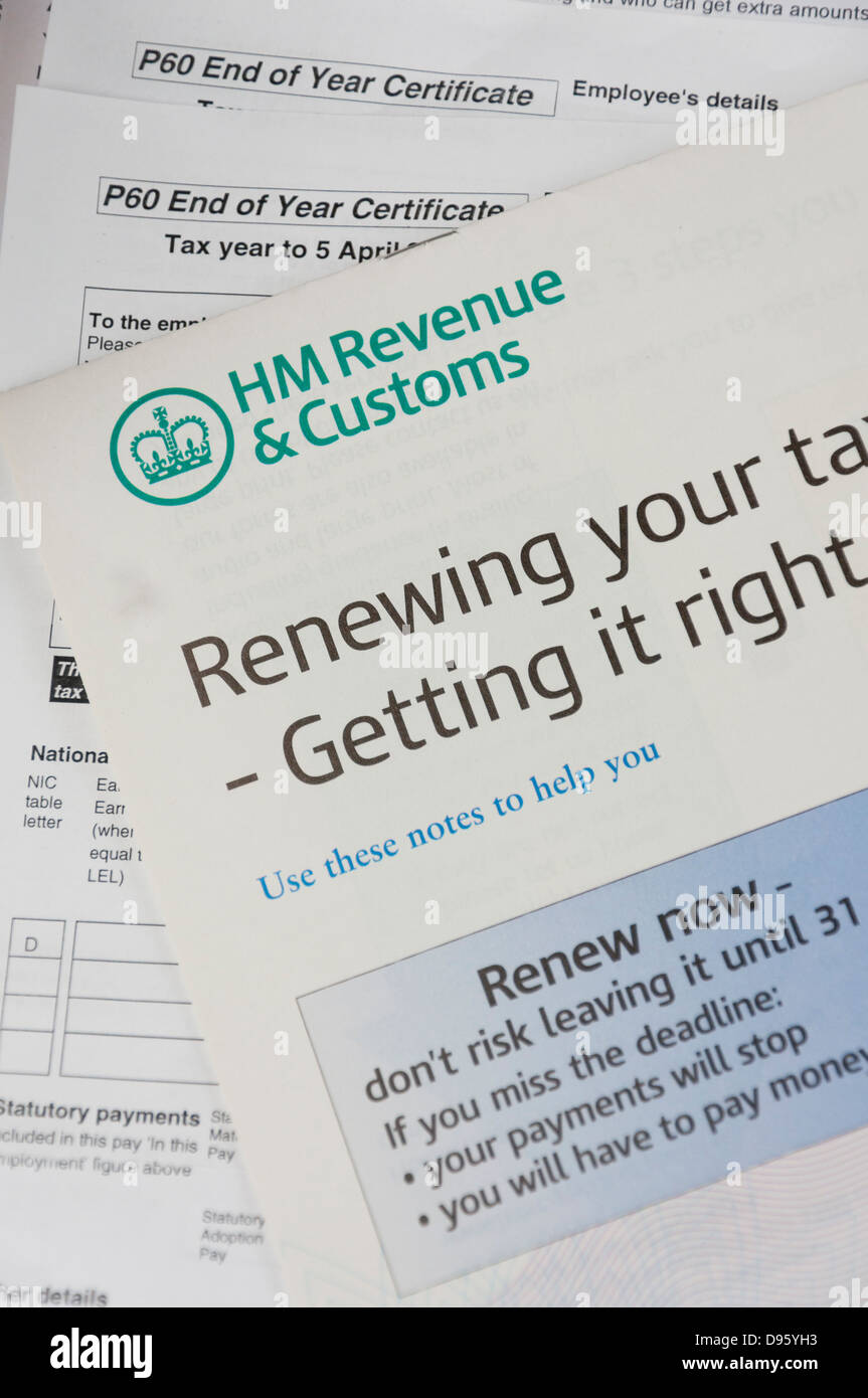 Crédits d'impôts. HM Revenue and Customs, formulaire pour renouveler le crédit d'impôt. Banque D'Images