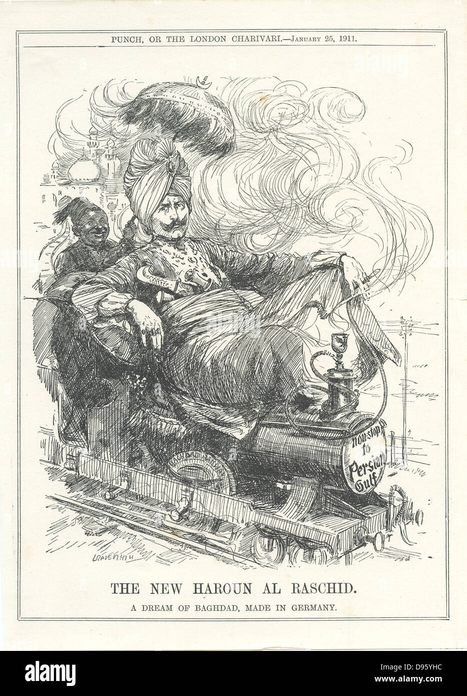 Guillaume II, Empereur d'Allemagne, rêvant d'une liaison ferroviaire allemand à Bagdad et de l'huile. Caricature de Leonard Raven-Hill de 'Punch', Londres, 25 janvier 1911. Banque D'Images