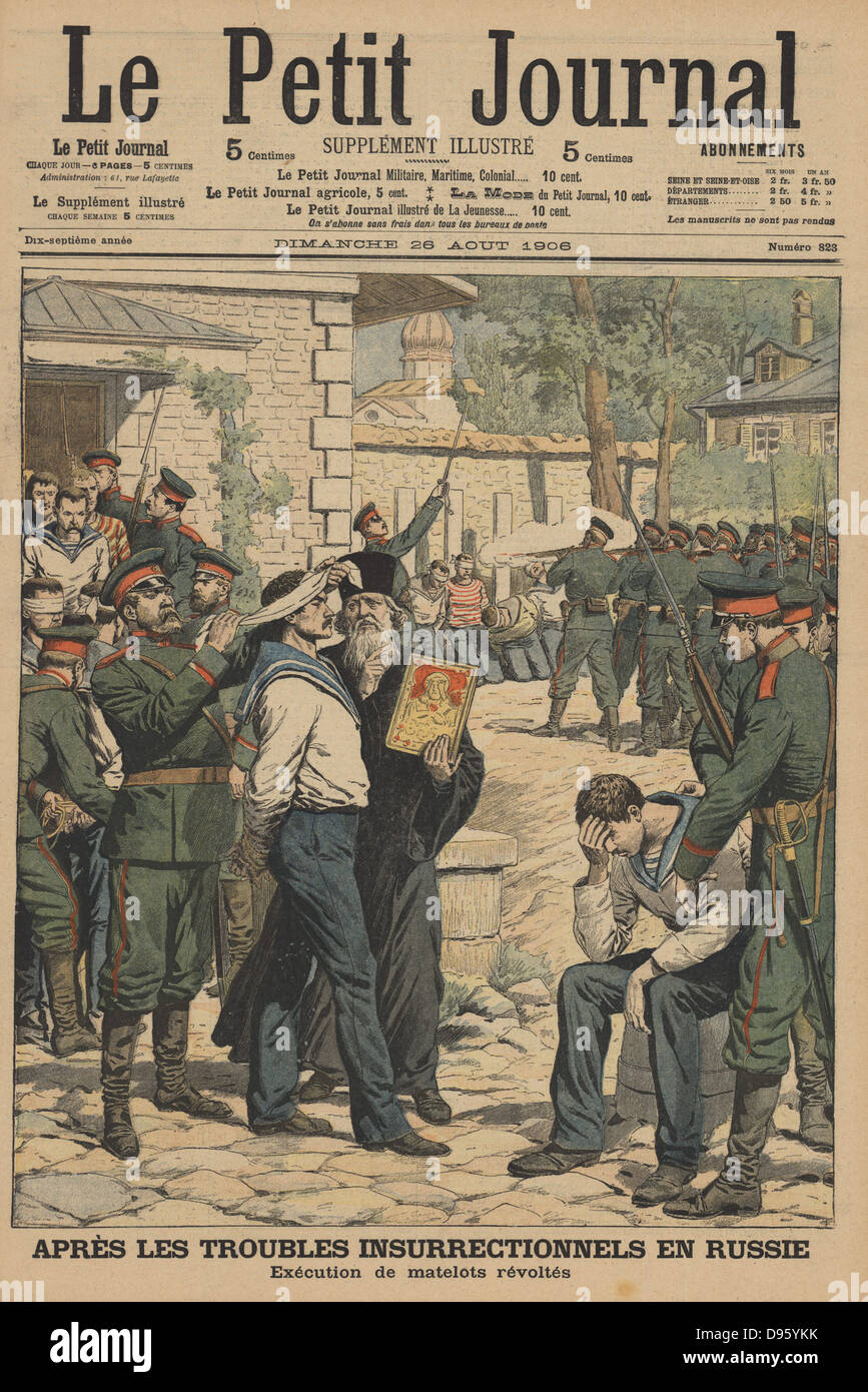 Des perturbations de la Russie, 1906 : l'exécution par fusillade de muntinous de marins de Sveaborg (Suomenlina). À partir de 'Le Petit Journal', Paris, le 26 août 1906. Banque D'Images