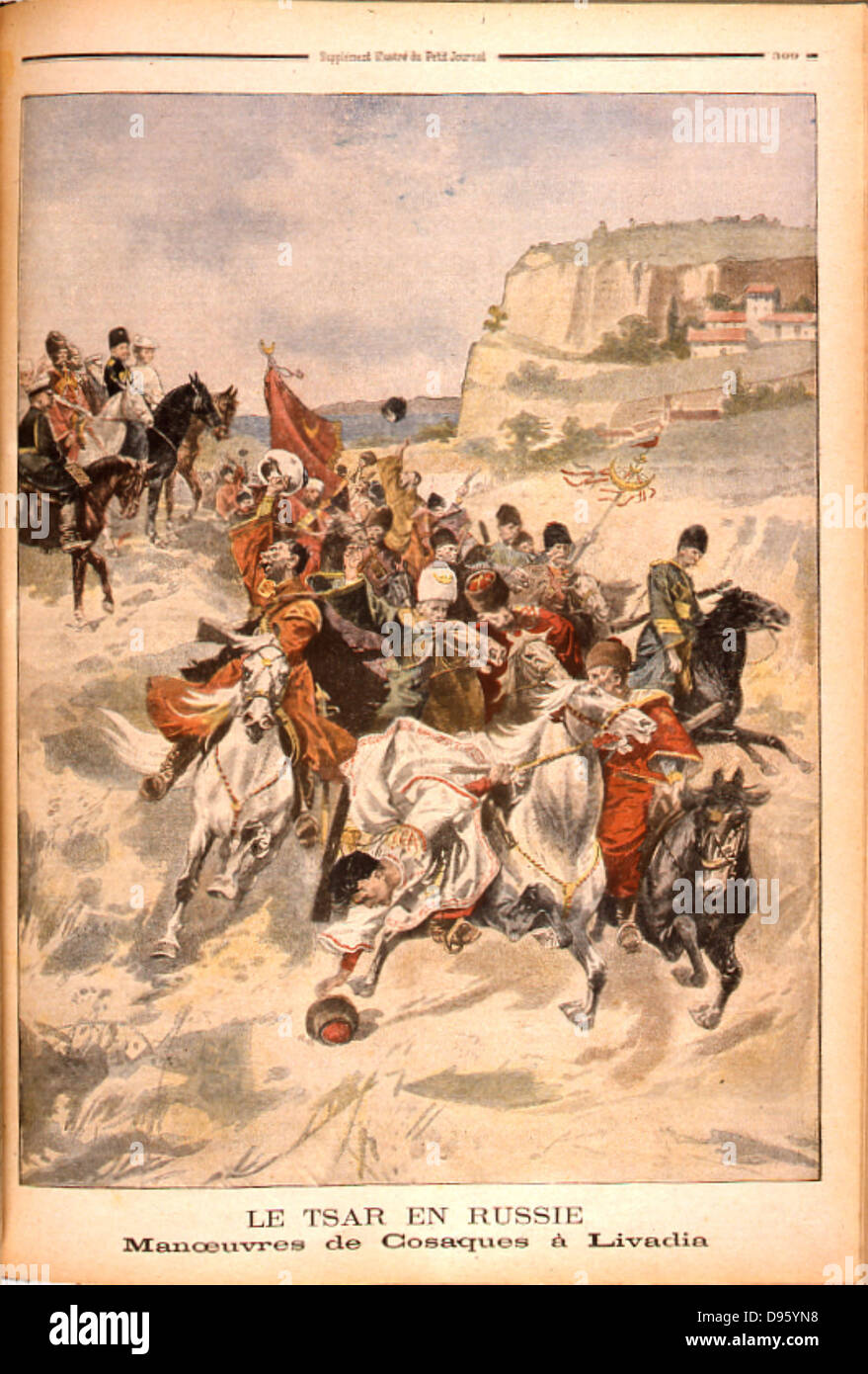 Le Tsar Nicolas II de Russie à manoevers cosaque regardant Livadia. À partir de 'Le Petit Journal', Paris, le 29 septembre 1901. Banque D'Images