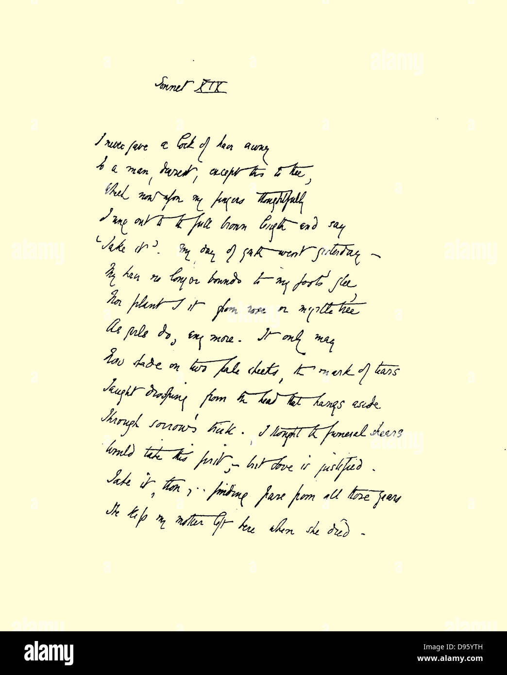Autographe de Sonnet XIX 'Je n'ai jamais donné une mèche de cheveux loin  ...' par Elizabeth Barrett Browning (1806-1861) à partir de son 'Sonnets de  séquence du portugais" d'abord publié en 1850