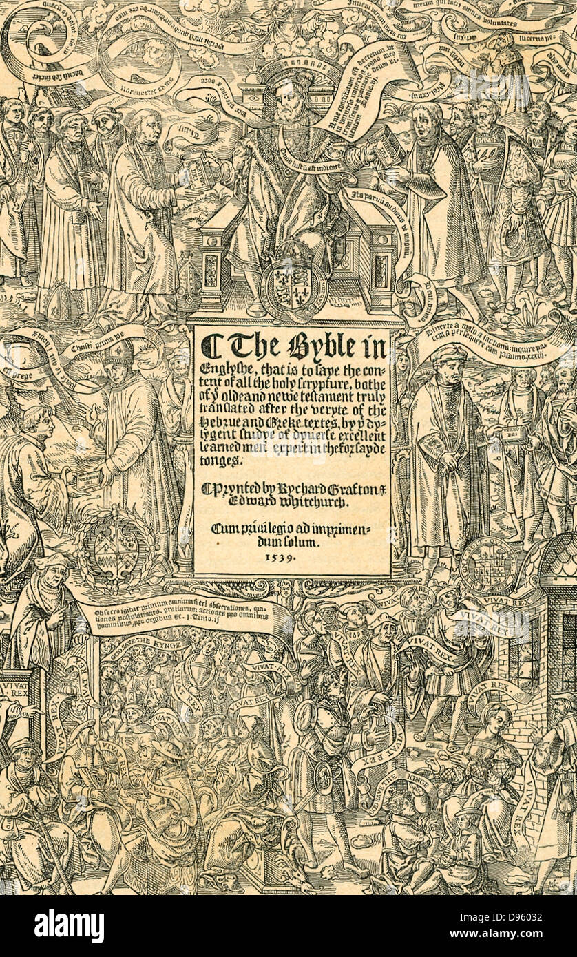 Page de titre de "La Grande Bible" aussi connu comme "la bible" de Cromwell en 1539. En haut, Henry VIII distribue des exemplaires de la Parole de Dieu qui est transmis à la population qui remercie le roi pour le don de la "Bible" en anglais. Banque D'Images
