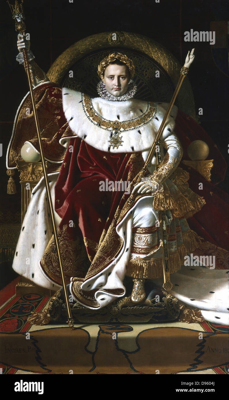 Napoléon Bonaparte (1769-1821) en tant qu'empereur Napoléon Ier sur le trône impérial en full regalia.(1806). Jean Auguste Dominique Ingres (1780-1867) peintre français. Banque D'Images