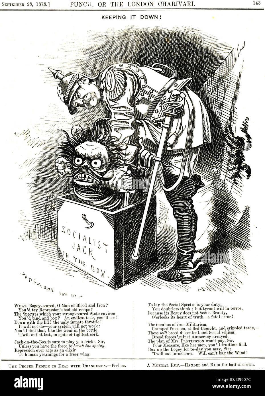 Le gardant vers le bas !". Otto von Bismarck (1815-1898), Chancelier de l'Allemagne essaie de forcer le jack du socialisme dans sa boîte. Les légendes lui dit que tout acte de répression des actes un élixir à l'humain tiens pour plus de liberté. Edward Linley Sambourne dessin animé par de 'Punch', Londres. Banque D'Images