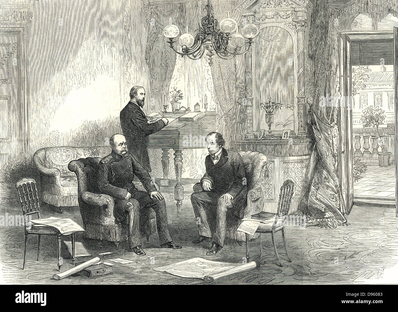 Congrès de Berlin, 1878. Otto von Bismarck le chancelier allemand, en visite dans le délégué britannique lord Beaconsfield (Benjamin Disraeli) dans l'hôtel Kaiserhof. À partir de 'l'Illustrated London News' (Londres, 13 juin 1878). Banque D'Images