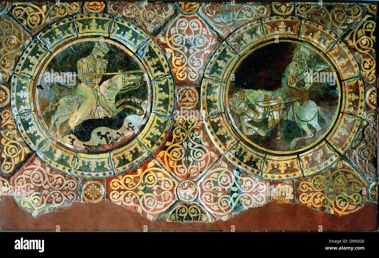 Richard I Coeur de Lion, ou Lion (1157-1199), gauche, roi d'Angleterre à partir de 1189, et Saladin, Sal al-Din al-Ayyubu, (1137-1193) au combat pendant la campagne de 1191, la Troisième Croisade. Carreaux 1995937, 1250-1260, Chertsey Abbey, Surrey. Banque D'Images