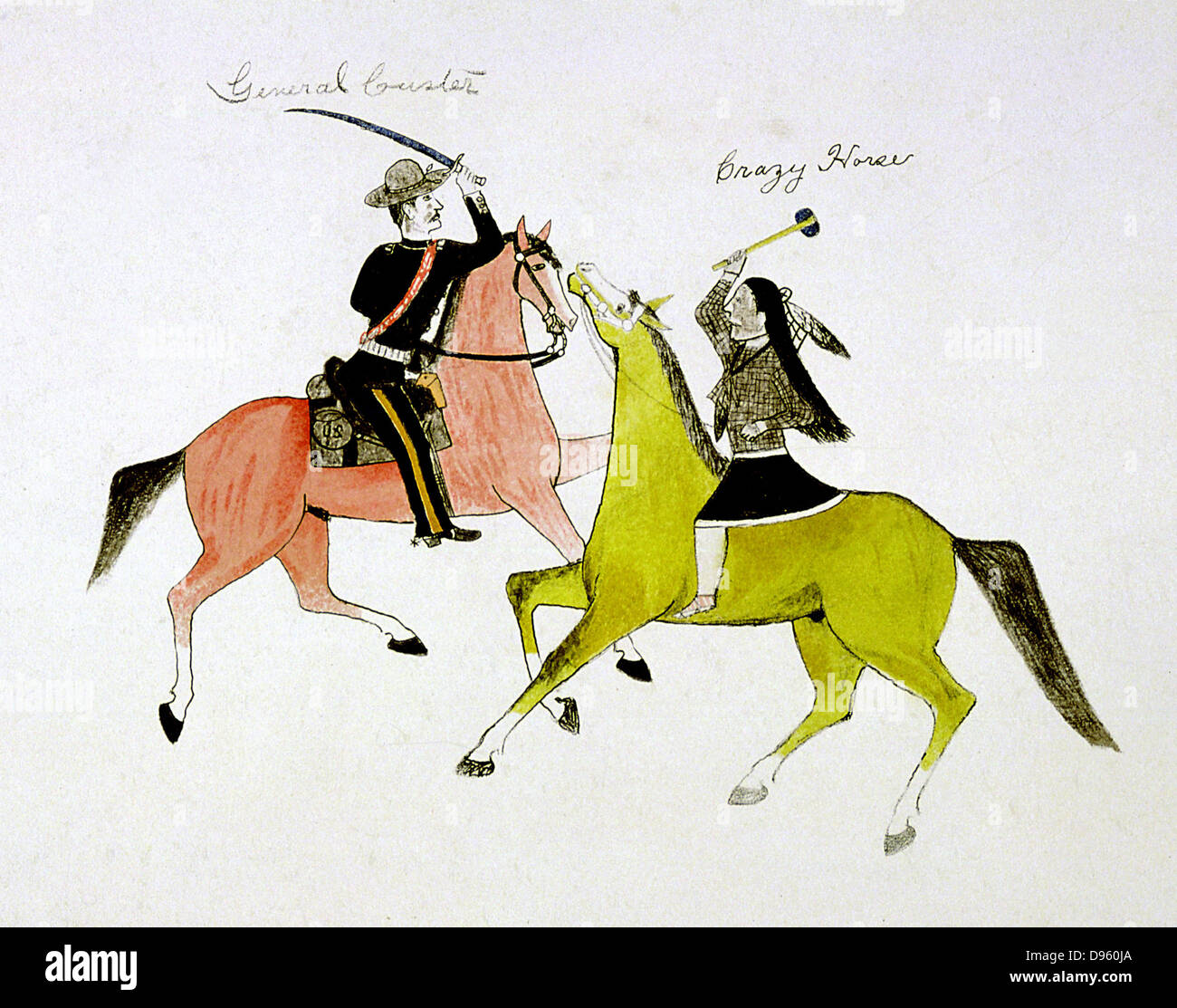 Conflit entre le général George Custer (1839-76) et le Crazy Horse (Sioux Indian). Peinture sur tissu, en tue deux (1869-1927), les Indiens Sioux. Dakota du groupe des Indiens des Plaines d'Amérique du Nord Banque D'Images
