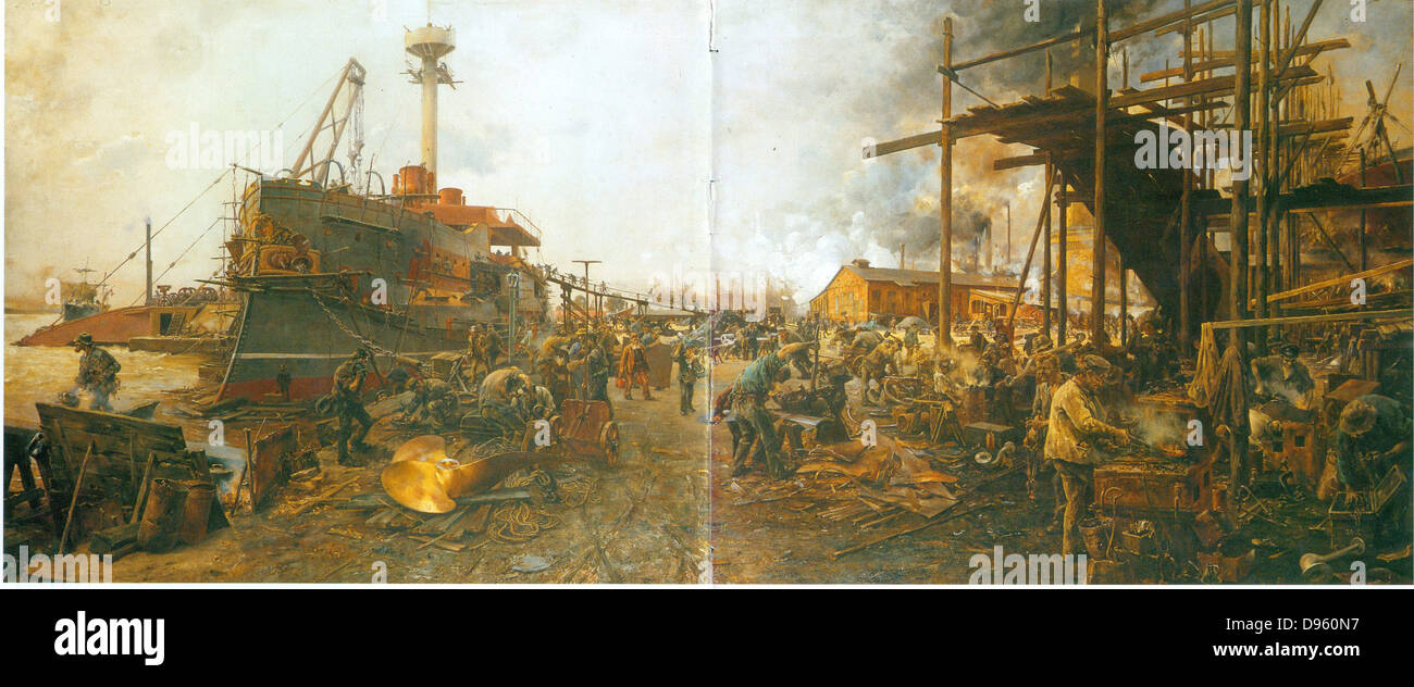 Allemagne : tableau représentant un chantier naval de l'Allemagne du Nord c1889. Banque D'Images