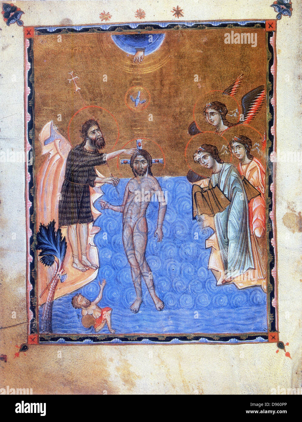 Baptême de Jésus par Jean le Baptiste. Armenian mansucript de Gospel (1268). Banque D'Images