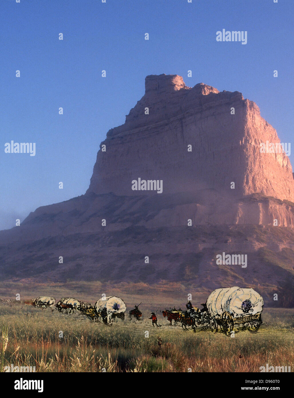 Des wagons couverts près de la rivière North Platte dans le Nebraska. À la main, gravure sur bois, combiné avec une photo Banque D'Images