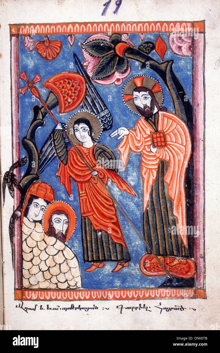 Adam et Eve chassés du jardin d'Eden. À partir de 1587, l'Arménien Evangelistery. Banque D'Images