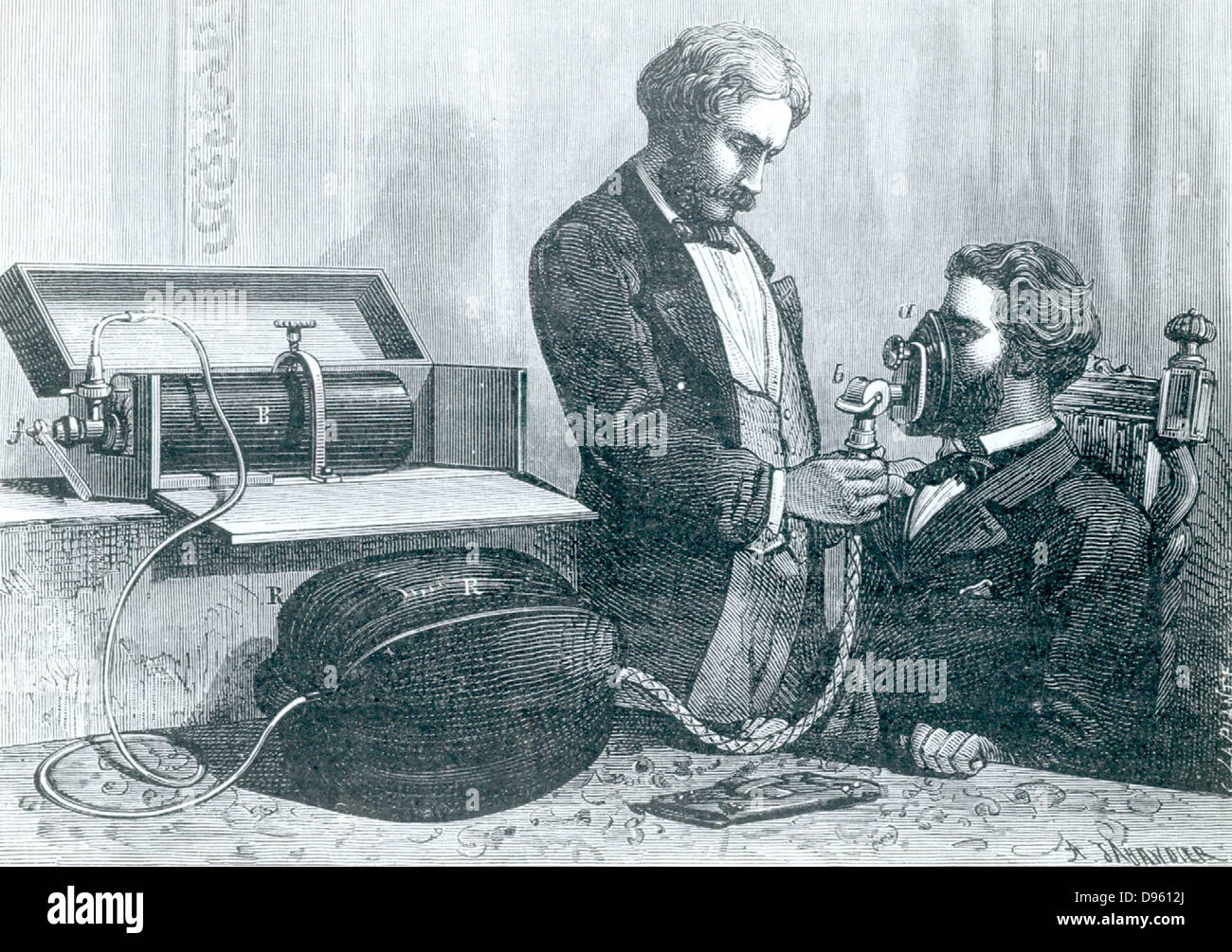 Les appareils pour l'administation du gaz hilarant (protoxyde d'azote) mis au point en Angleterre. À partir de 'La nature', Paris, 1874. Banque D'Images