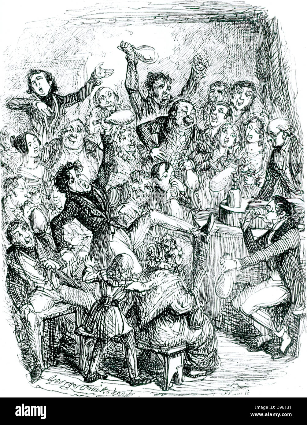 L'auditoire lors d'une conférence bénéficiant des effets du gaz hilarant (protoxyde d'azote). Illustration par George Cruikshank pour Jean Scoffern "La chimie aucun mystère ; ou, d'un syllabus du legs', Londres, 1834. Banque D'Images