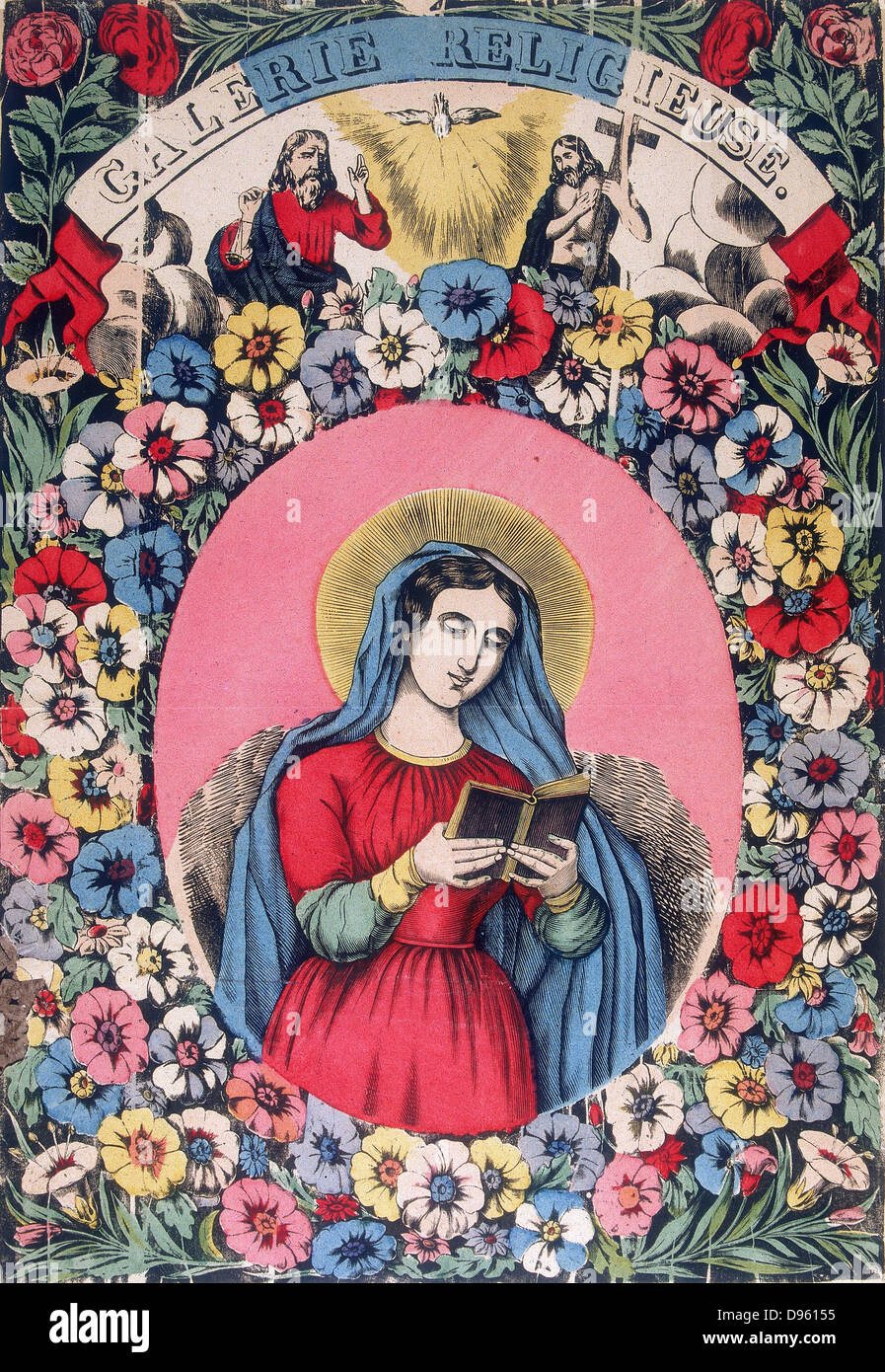 Sainte Brigitte (Brigitta, Brigitta, Birgite) 1302-1373. Fille de Birger, Prince de Suède. Révélations a écrit, traduit en plusieurs langues. La Trinité de Dieu le Père, Fils et Saint-Esprit apparaissent au-dessus de la sainte. Gravure sur bois de couleur français du 19e siècle Banque D'Images