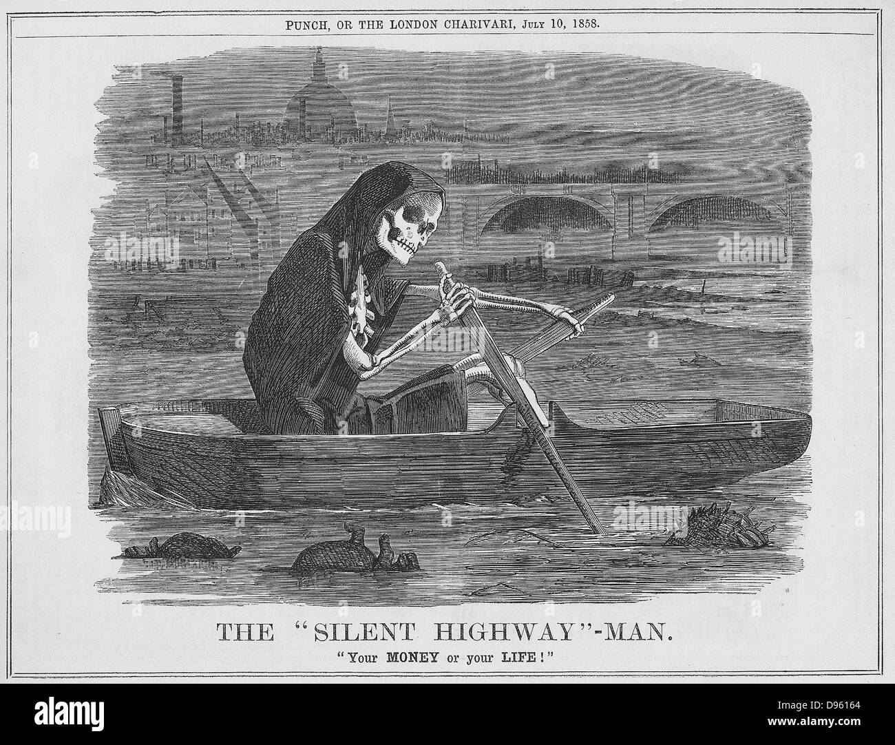 L'autoroute 'silencieuse'-Man' : votre argent ou votre vie. Plus d'un égout à ciel ouvert qu'une rivière, l'état dégoûtant de la Tamise à Londres. Caricature de 'Punch', Londres, 1858. Banque D'Images