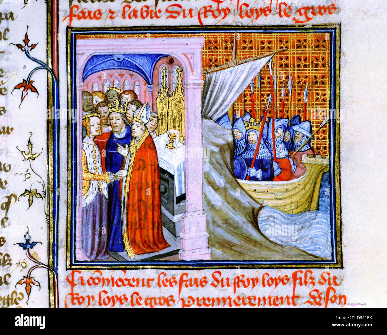 Mariage d'Aliénor d'Aquitaine (c1122-1204) et Louis VII de France (1137) à gauche, et l'embarquement pour la deuxième Croisade 1147-1149. À partir de 'Chronique de St Denis, Musée Condé, Chantilly. Eleanor's second mariage était d'Henri II Plantagenêt, Henri II d'Angleterre. Banque D'Images