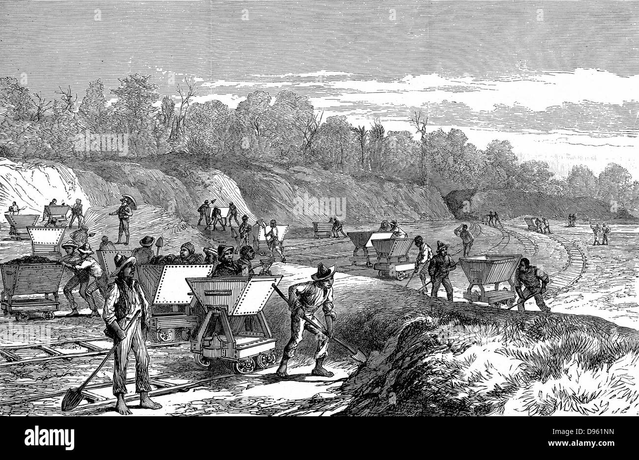 Canal de Panama : la coupe d'un canal pour détourner la rivière Chagres au cours de la tentative de Lesseps pour creuser le canal de Panama. Les travailleurs indiens de l'ouest avec des chariots de remplissage se gâter. La gravure sur bois de 1888. Banque D'Images